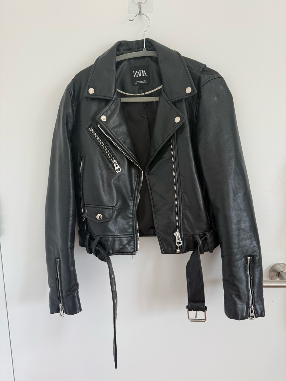 Zara Black Leather Biker Jacket with Adjustable Belt